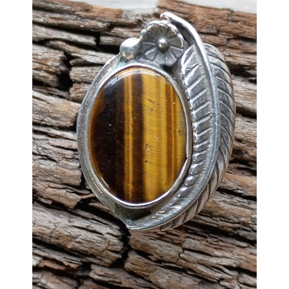 Vintage Tiger Eye Ring Sterling Silver Artisan Crafted Signed Western